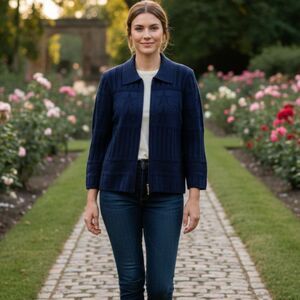 Vintage St. John Sport Patriotic Star Navy Zip Front Cardigan Jacket Medium